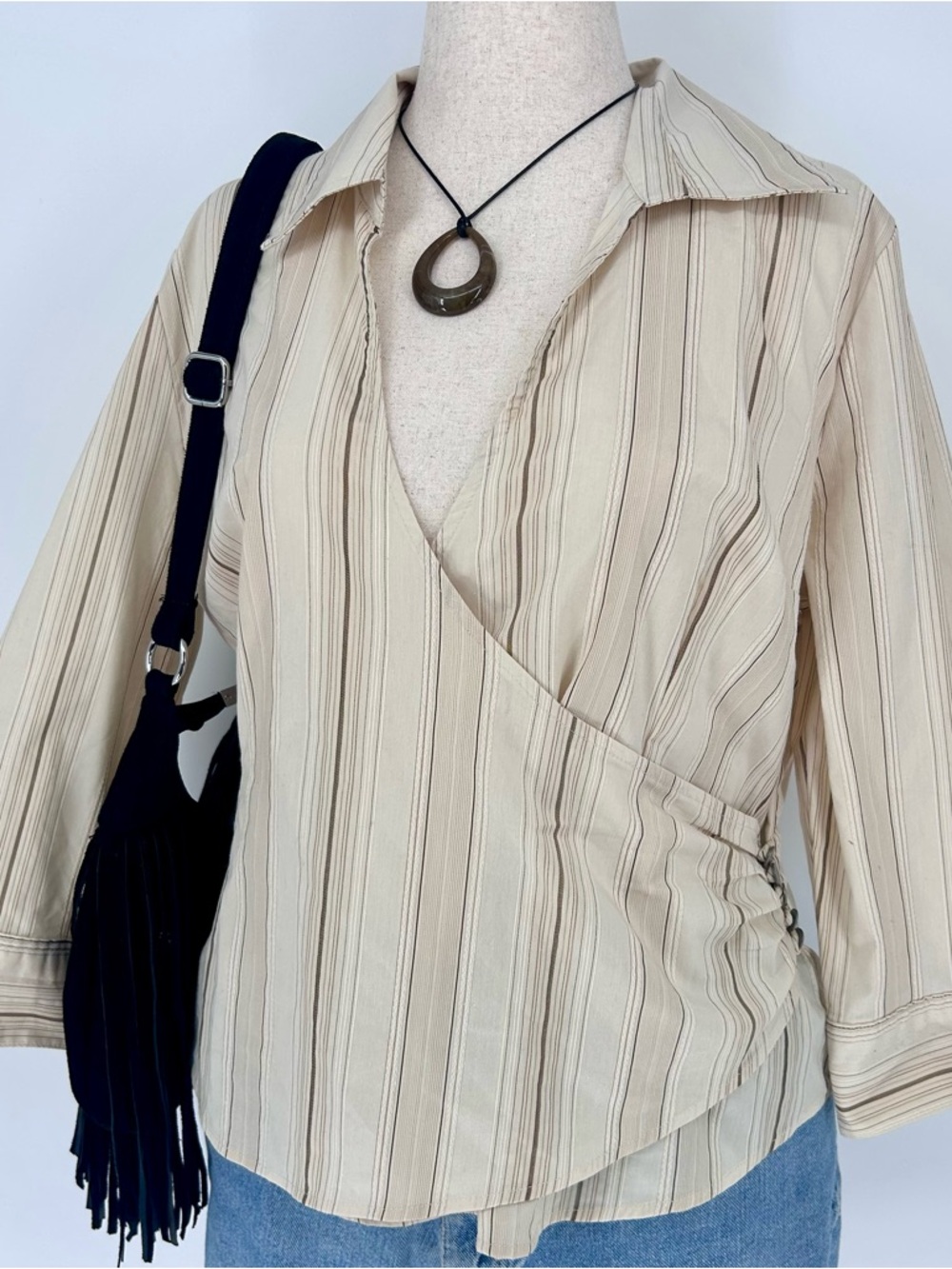 Y2K Cream Striped Wrap Blouse Button Detail Soft Girl Sabrina Carpenter Top